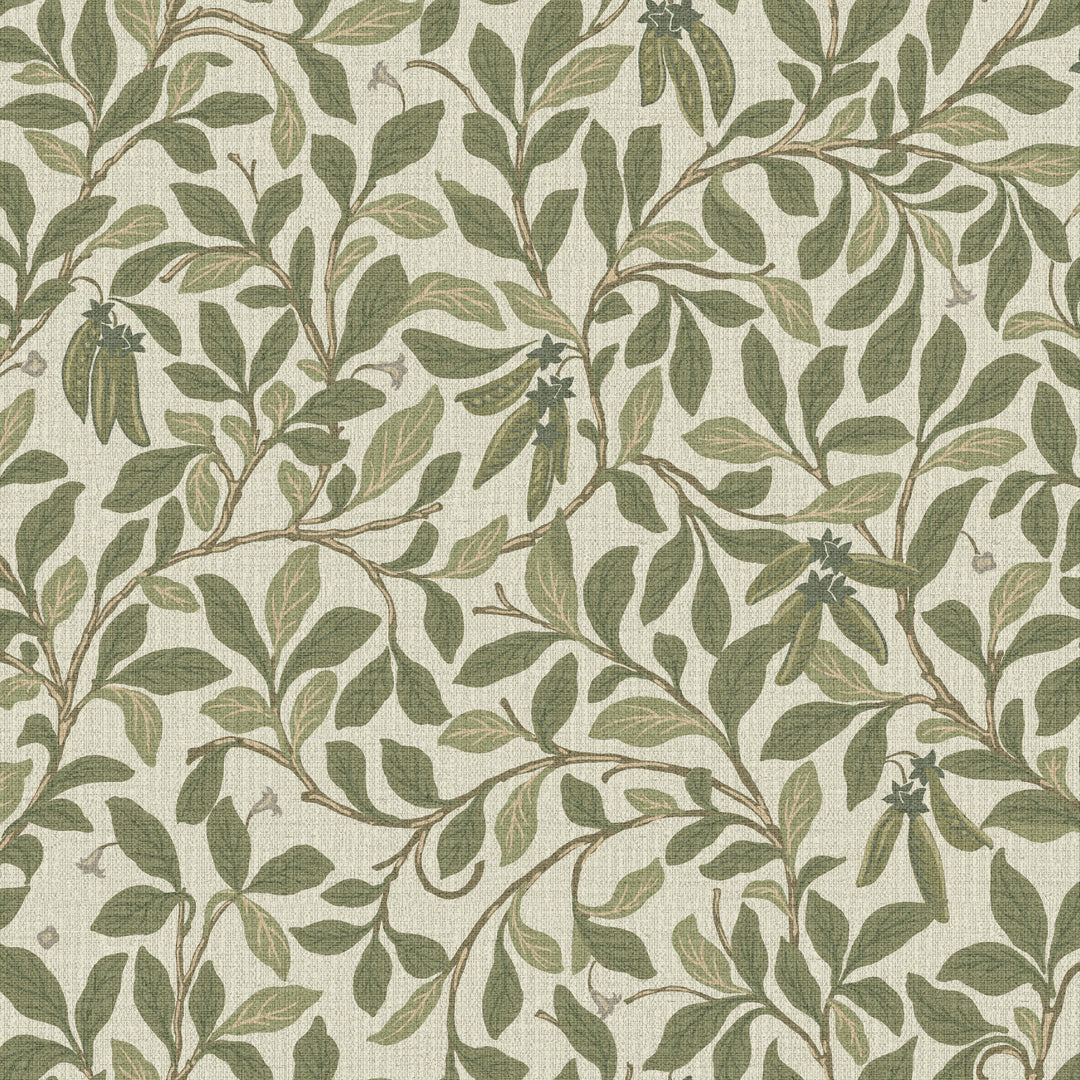 Leaf And Pod Taupe Green Grasscloth