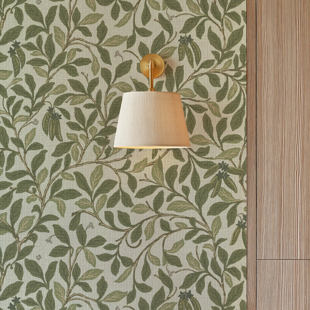 Leaf And Pod Taupe Green Grasscloth