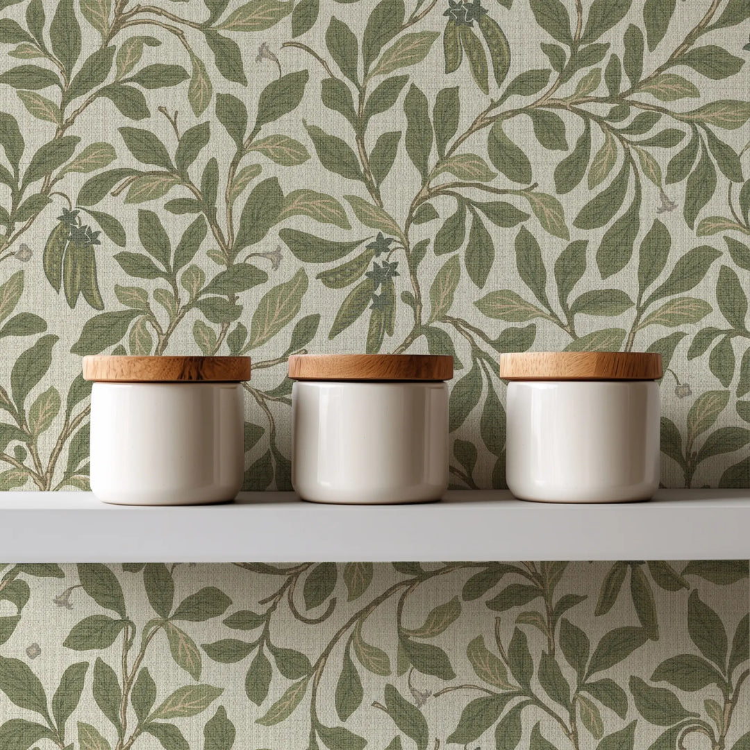 Leaf And Pod Taupe Green Grasscloth