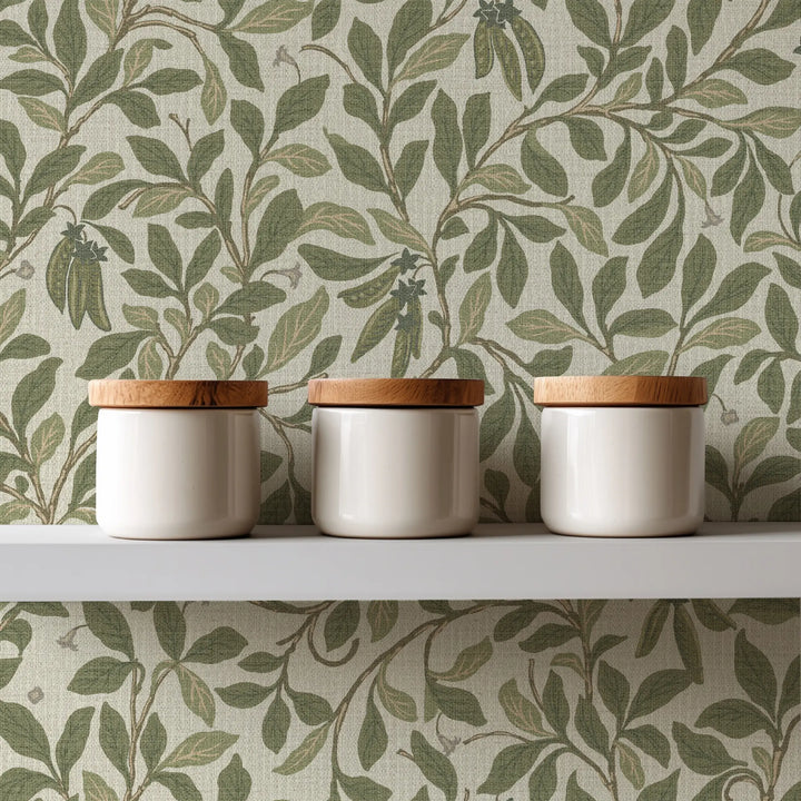 Leaf And Pod Taupe Green Grasscloth