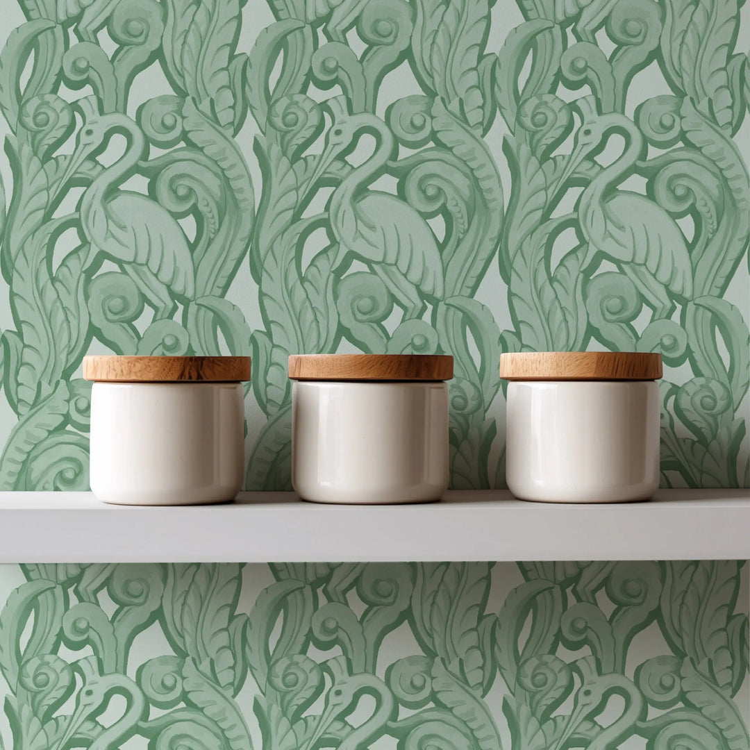 Deco Heron - Seafoam Wallpaper