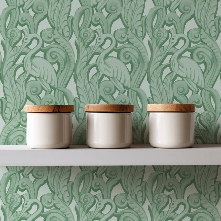 Deco Heron - Seafoam Wallpaper