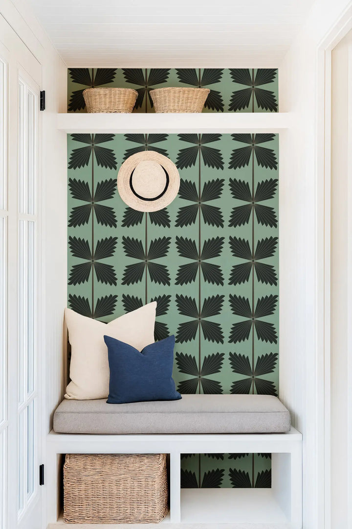 Palmetto - Black Teal Wallpaper