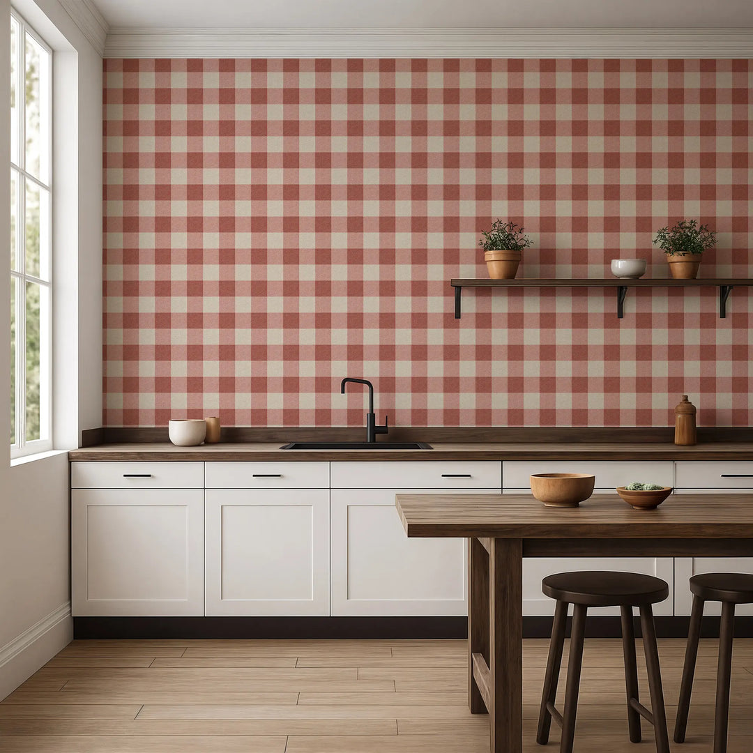 Washed Gingham - Red Clay Wallpaper