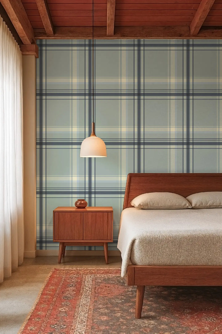 Ashcroft Tartan Large - Pale Mineral Blue Wallpaper