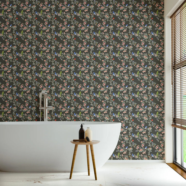 Blossom Perch - Black Lacquer Wallpaper