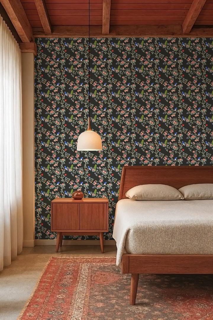 Blossom Perch - Black Lacquer Wallpaper