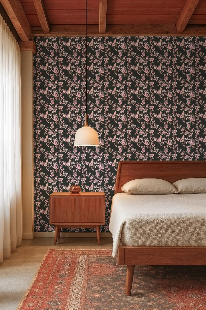 Blossom Perch - Fuchsia Noir Wallpaper