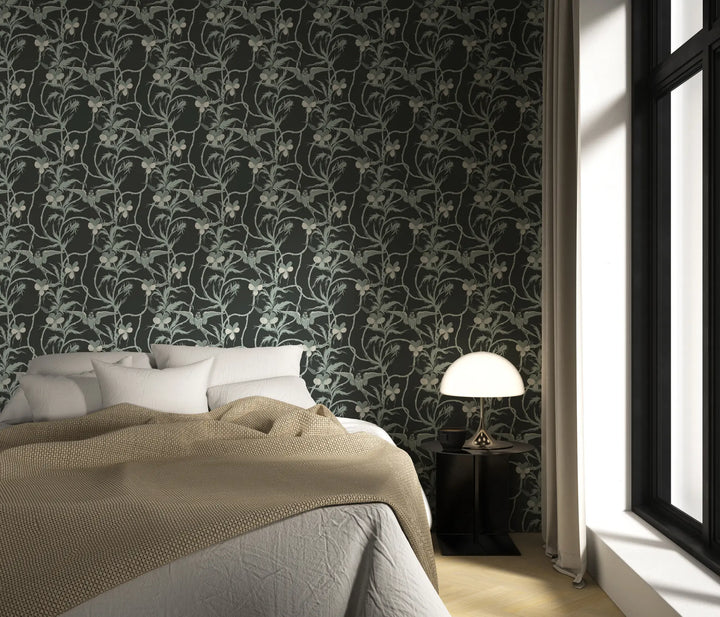 Tangled Flight - Seafoam Black Wallpaper