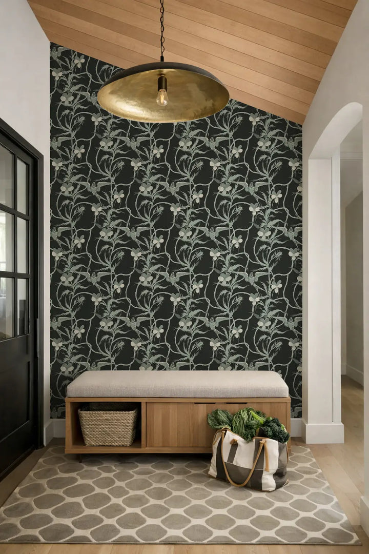 Tangled Flight - Seafoam Black Wallpaper