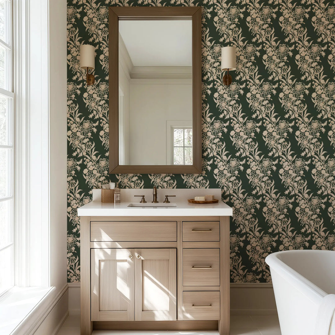 Wilding Toile - Tangerine Green Wallpaper