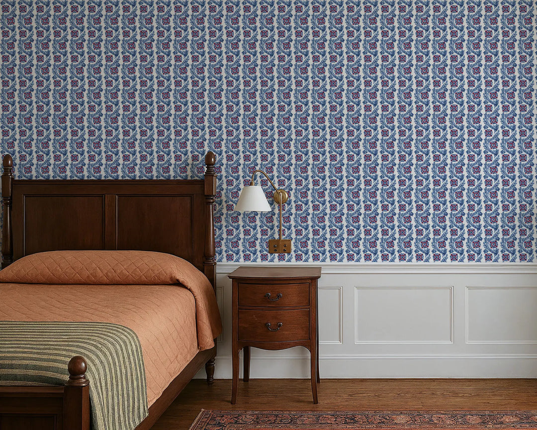 Villa Vaux - Blue and Red Floral Wallpaper by August Table