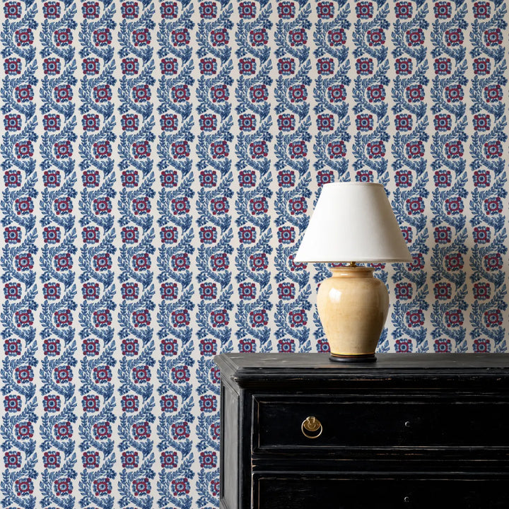 Villa Vaux - Blue and Red Floral Wallpaper by August Table