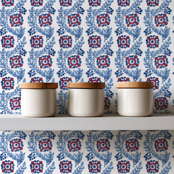 Villa Vaux - Blue and Red Floral Wallpaper by August Table