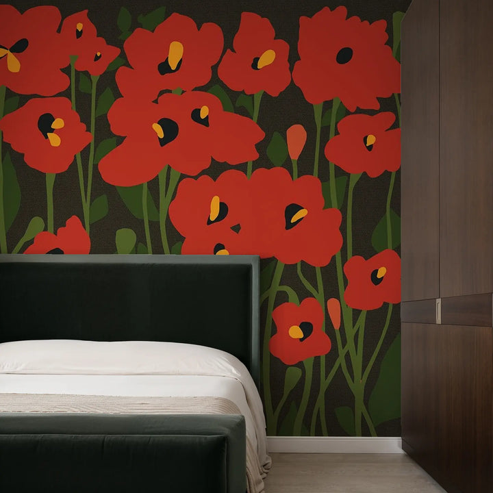Poppy Fields Floral Wall Mural - Scarlet Shadows