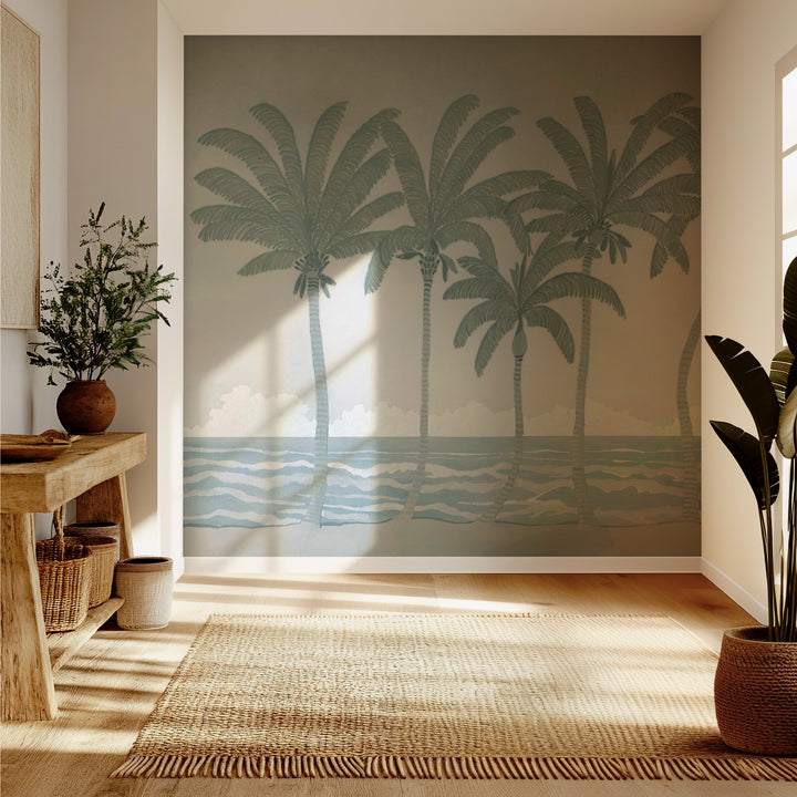 Palm Line Wall Mural - Blue Morning