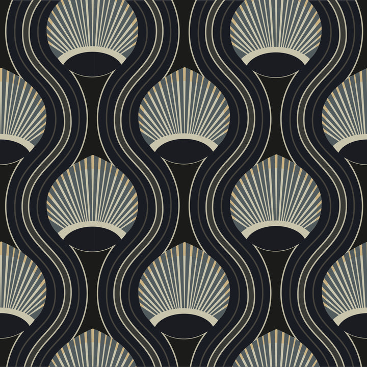 Art Deco Shell - Black and Blue Wallpaper