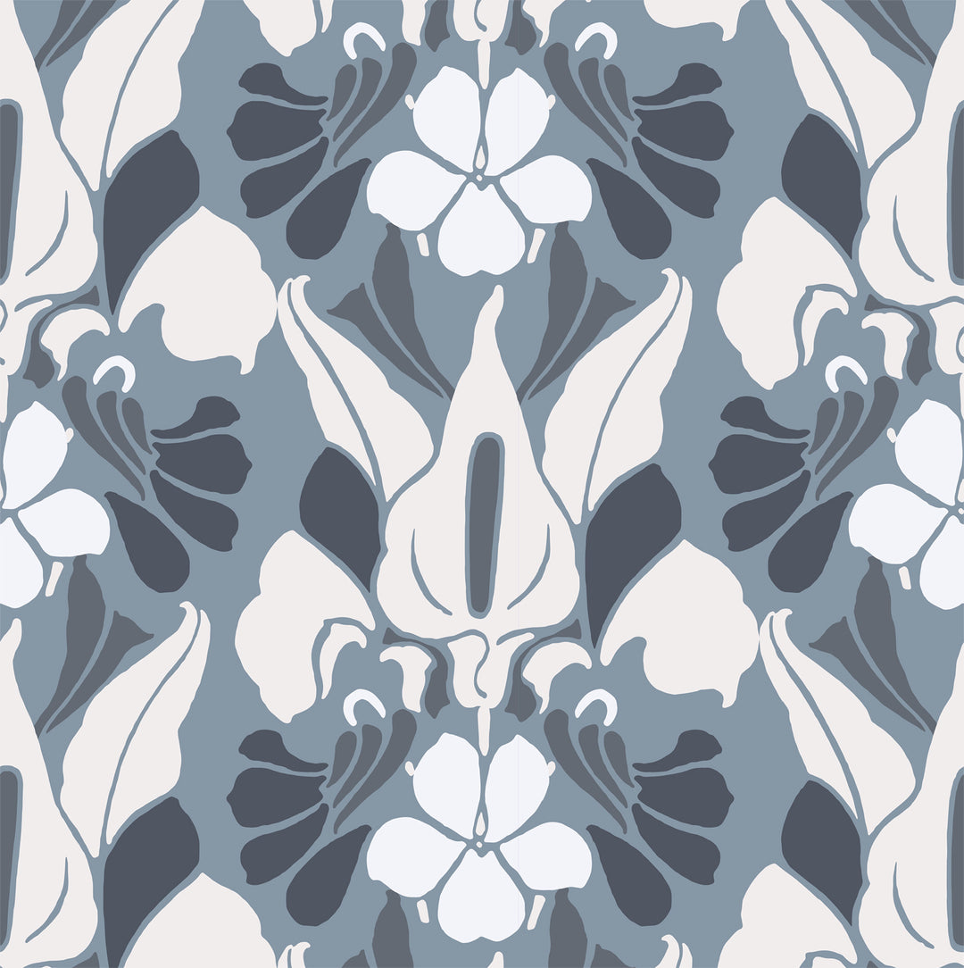 Dragon Flower - White/Blue/Grey Floral Wallpaper