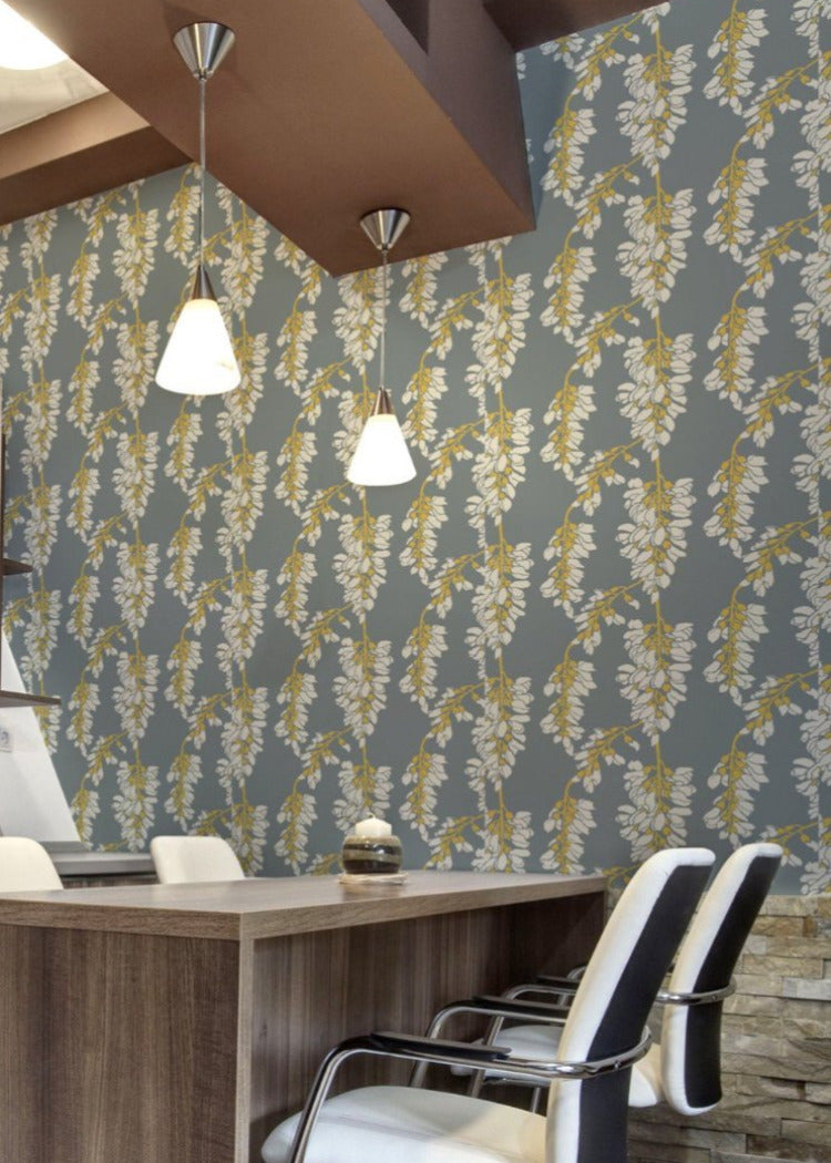 Wisteria Floral- Gray and Yellow Wallpaper