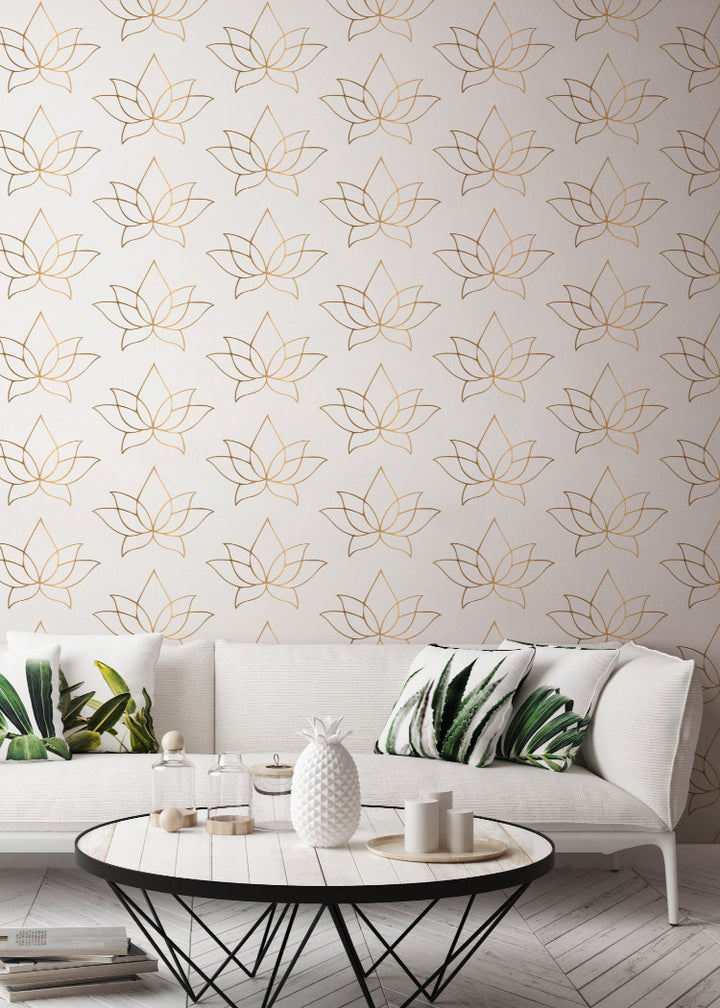 Lotus - Golden Taupe Floral Wallpaper by Bohemian Bungalow