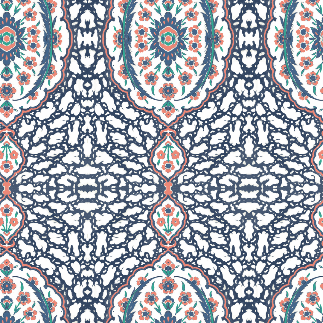 Ottoman Jewel - Blues & Coral Wallpaper