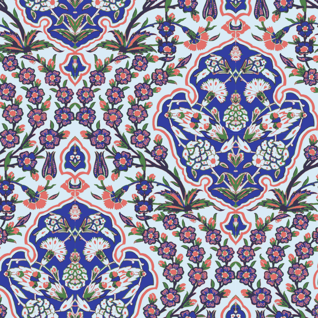 Ottoman Large - Blues & Coral Wallpaper