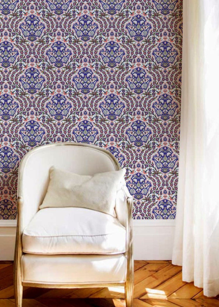 Ottoman Small - Blues & Coral Wallpaper