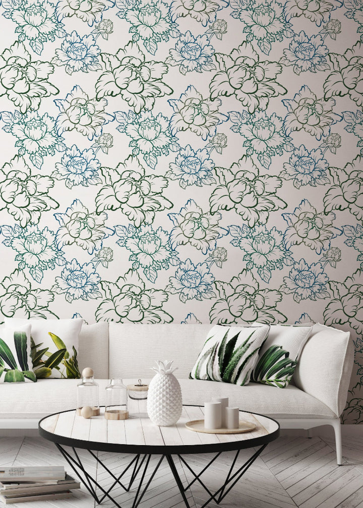 Peony - Green & Blue Floral Wallpaper by Bohemian Bungalow