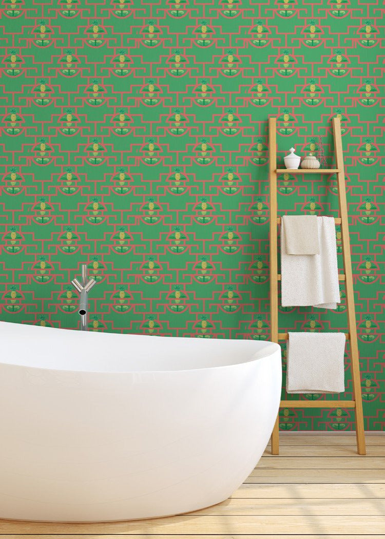 Pineapple Trellis - Green and Red Wallpaper by Julianne Taylor Style