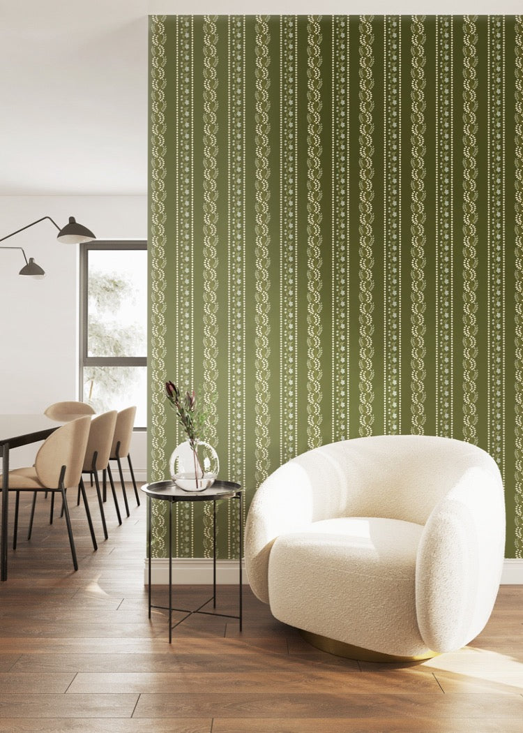 Botanic Stripe - Olive Floral Wallpaper